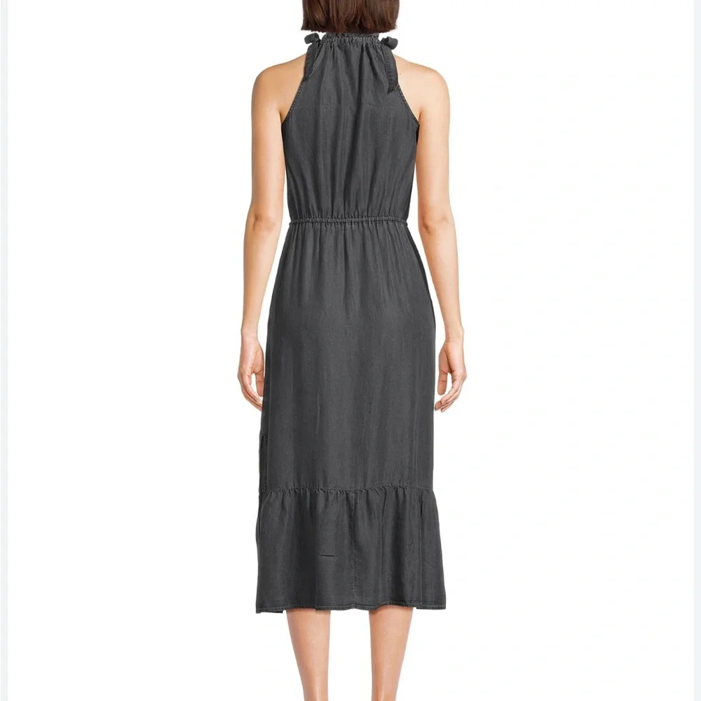 Tie Halter Maxi Dress Washed Black Ruffle Hem Time and Tru Elastic Waist Pockets - Picture 2 of 10